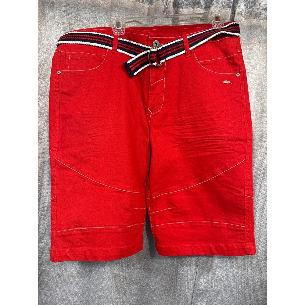 A. Tiziano Mens Red Denim Shorts with Belt White Contrast Stitch Size 36‎ NEW